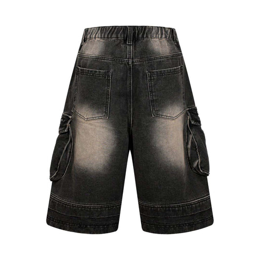 Washed Multi-Pocket Workwear Denim Shorts - Unisex Loose Fit