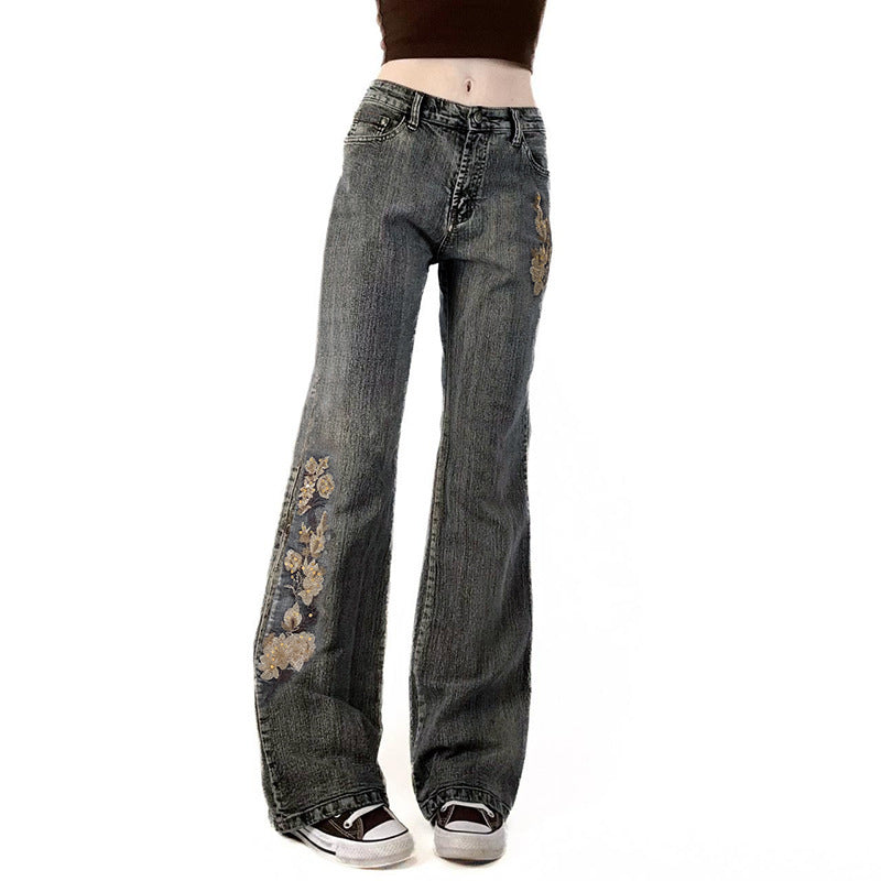 Bead Embroidery Floral Design Vintage Washed Micro Flared Jeans