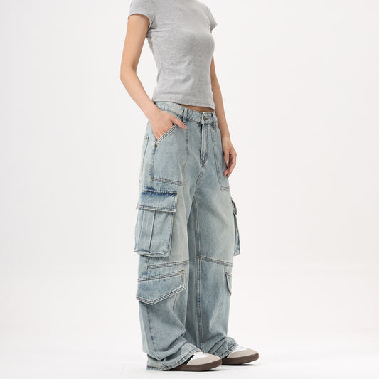 Light Wash Heavy Duty Cargo Denim Pants for Men and Women with Multiple Pockets
