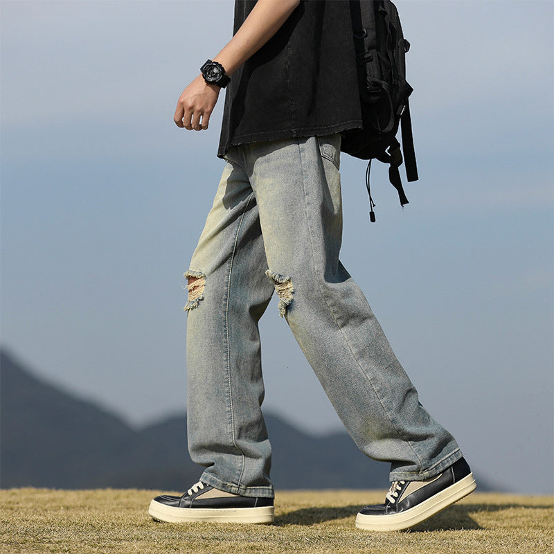 Men's Loose Wide Leg Long Trousers - Vintage Blue