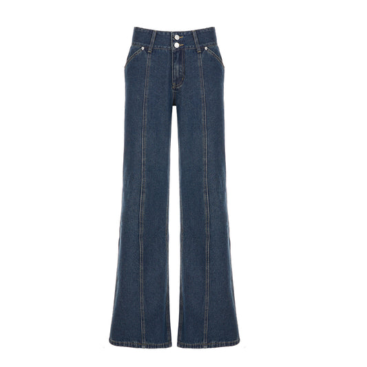 Denim Pants Loose Wide Leg Slimming Design Low Waist Flared Long Pants for Women