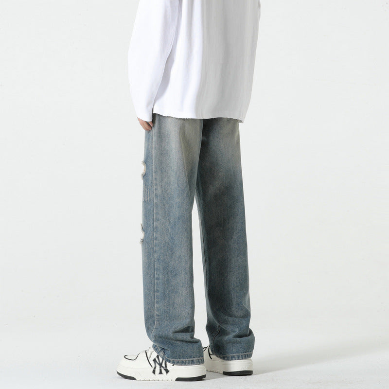 Men's Loose Straight Leg Trousers - Vintage Blue Wide Leg Pants