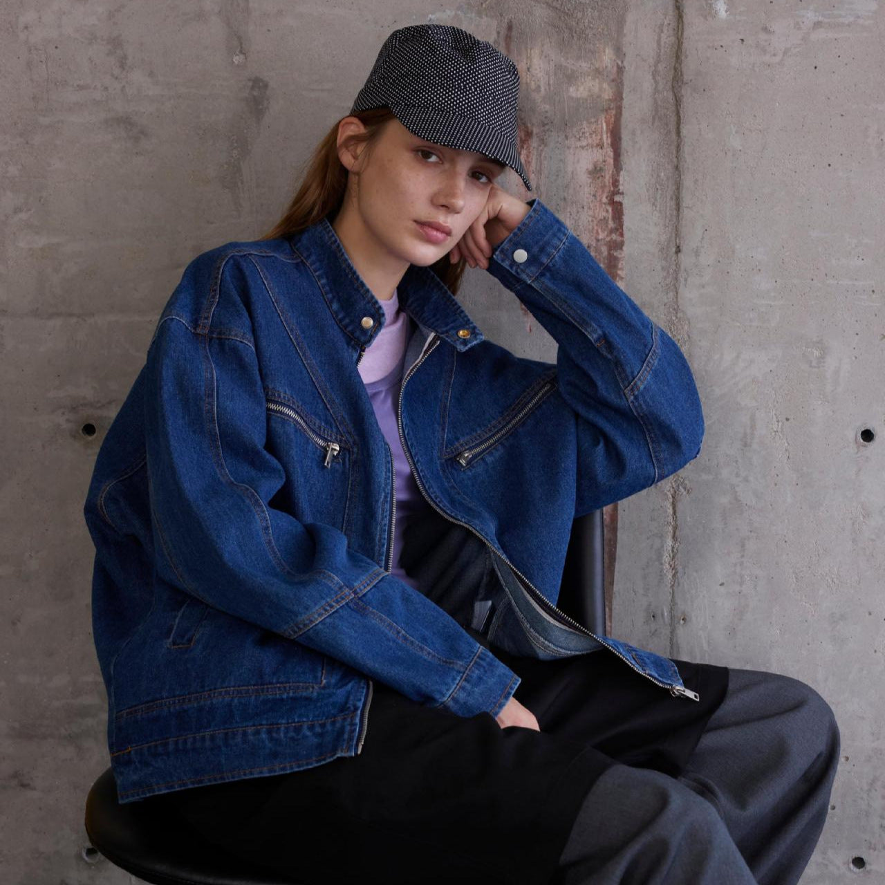 Retro Construction Motorcycle Style Denim Jacket