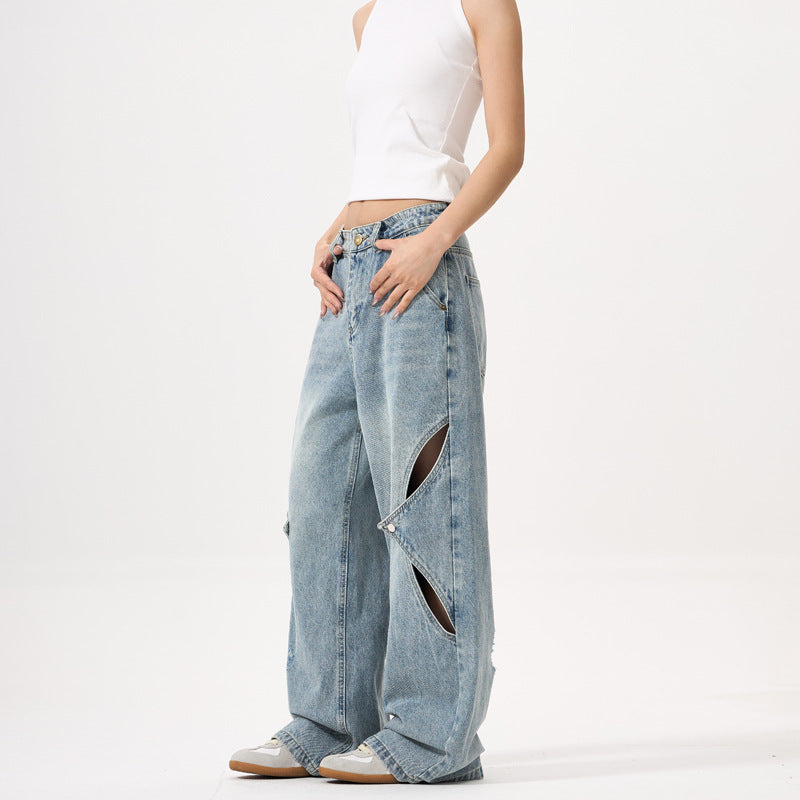 Women's Patchwork Distressed Denim Pants - Loose Straight Floor-Length Trousers