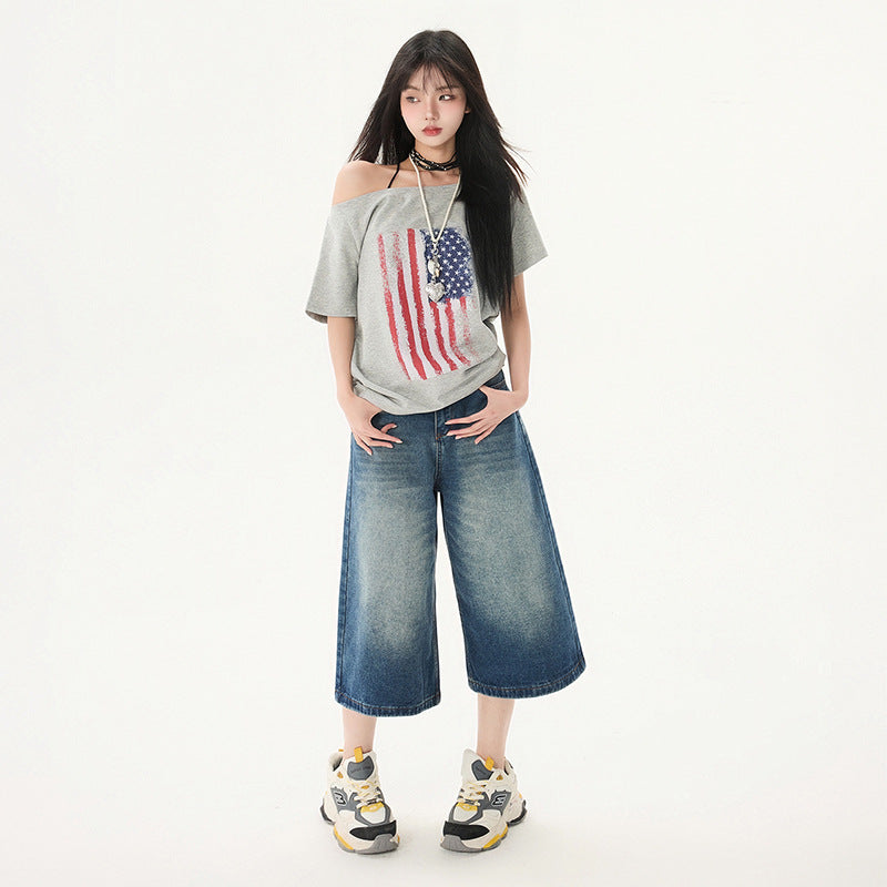 Women's Washed Seven-Quarter Denim Pants - Loose Straight Wide-Leg Mid-Length Trousers