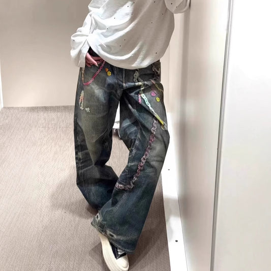 New 3D Candy Chain Printed Imitation Jeans - Loose Fit