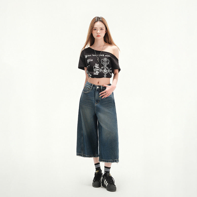 Women's High-Waisted Wide-Leg Jeans - Retro Seven-Quarter Pants