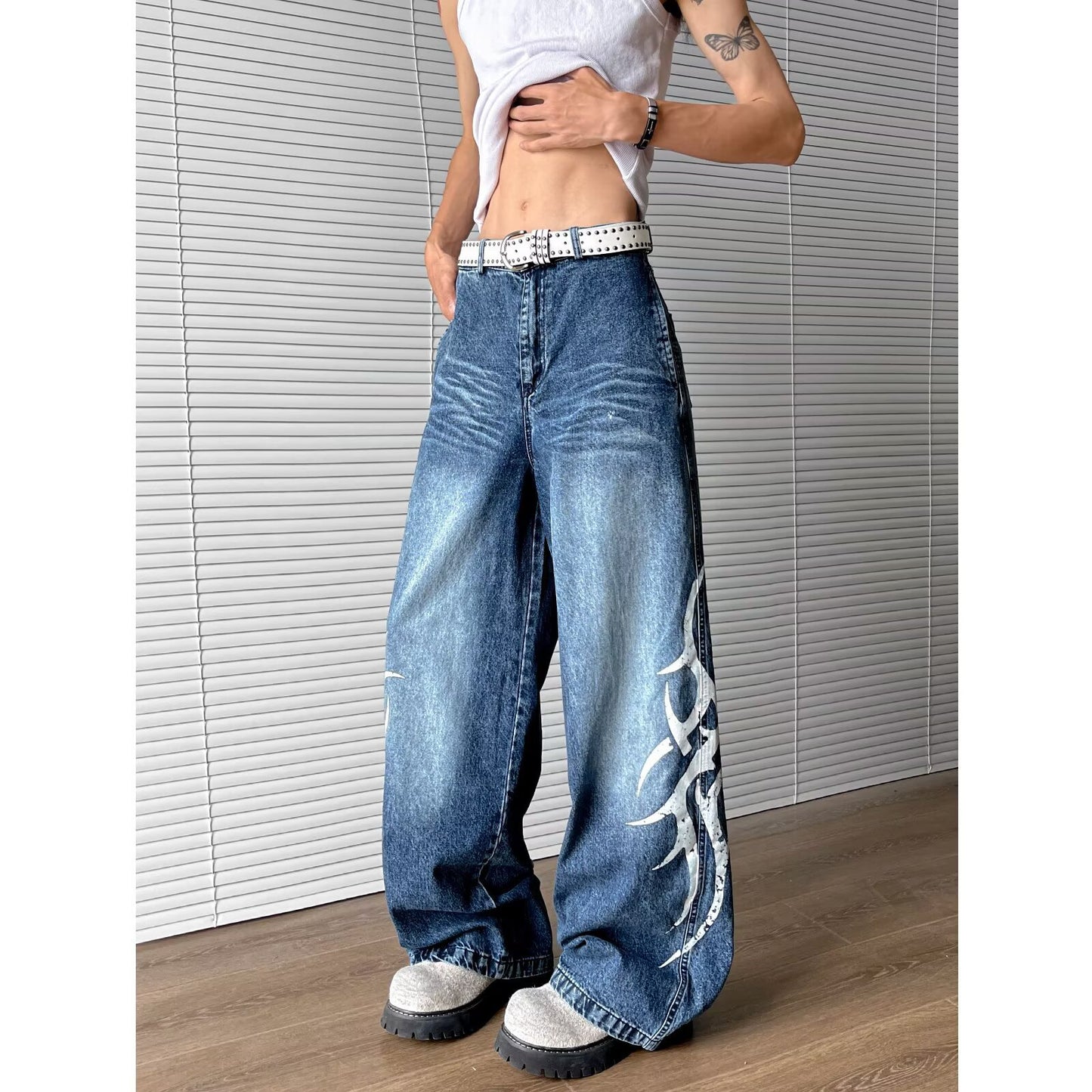 Washed Totem Print Loose Straight Leg Denim Retro Wide Leg Casual Pants