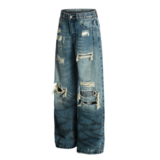 Wash Damaged Denim Loose Wide Leg Pants