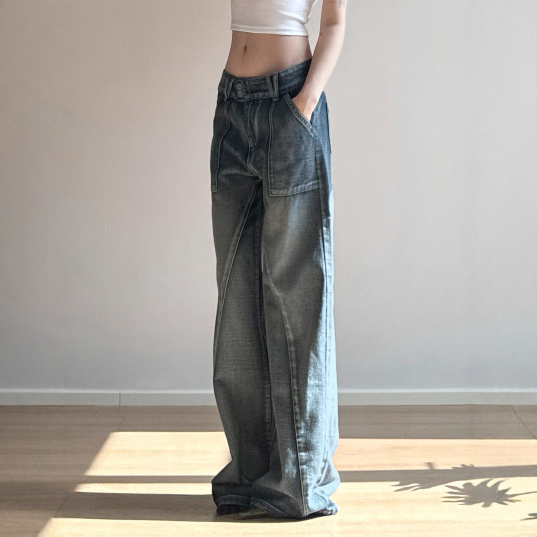 Women's Basic Washed Split Low Waist Loose Denim Pants