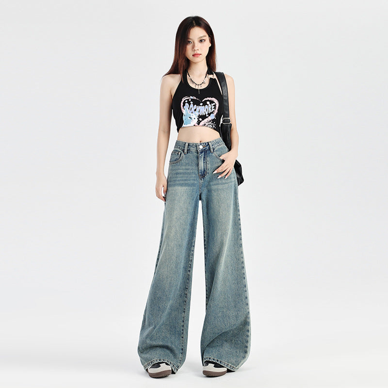 Women's Denim Pants - Straight Loose Drape Floor-Length Wide-Leg Pants