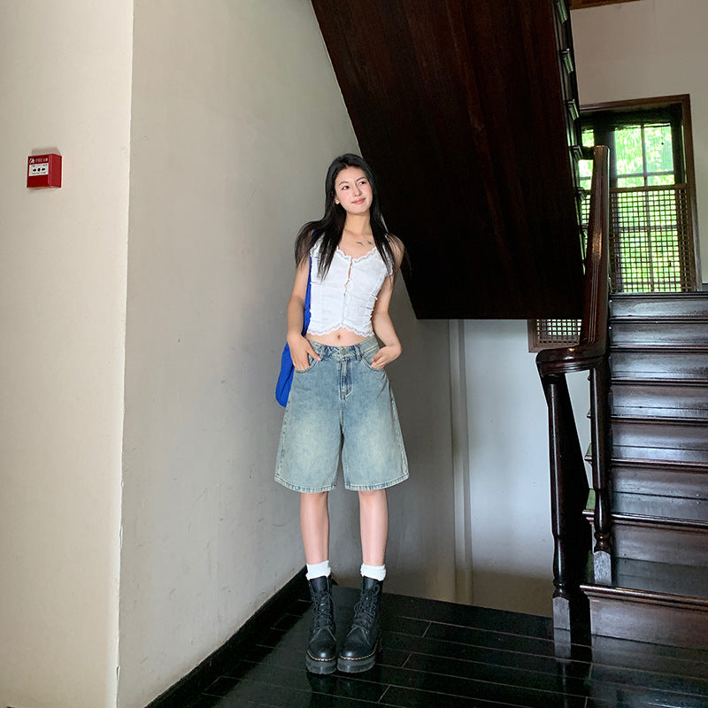 Women's Retro Denim Shorts - High Waist Loose Slim Straight Leg Pants