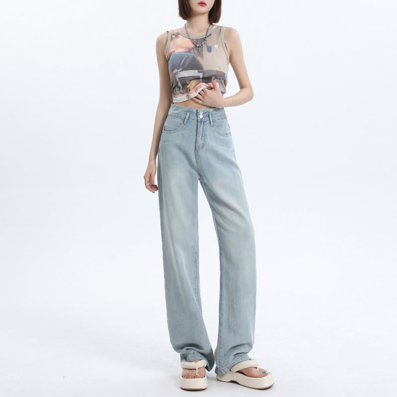 Women's Wide-Leg Jeans Summer Thin High-Waist Silk Straight Pants