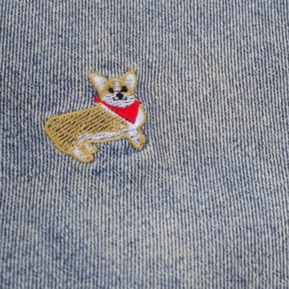 Cartoon Dog Embroidery Washed Five-Quarter Denim Shorts for Men and Women