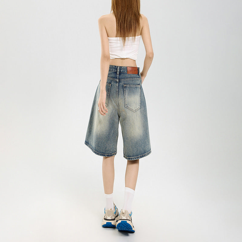 Women's Retro Denim Shorts - High Waist Slim Straight Leg Capri