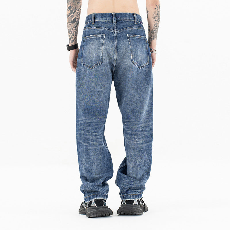 Men's Water-Washed Distressed Straight Jeans with Loose Wide Legs