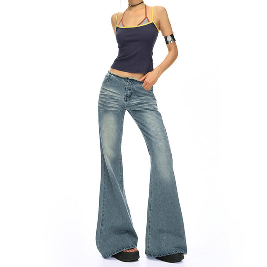 Retro Blue Low-Waist Spicy Girl Denim Pants for Women - Slim Fit Flare Jeans