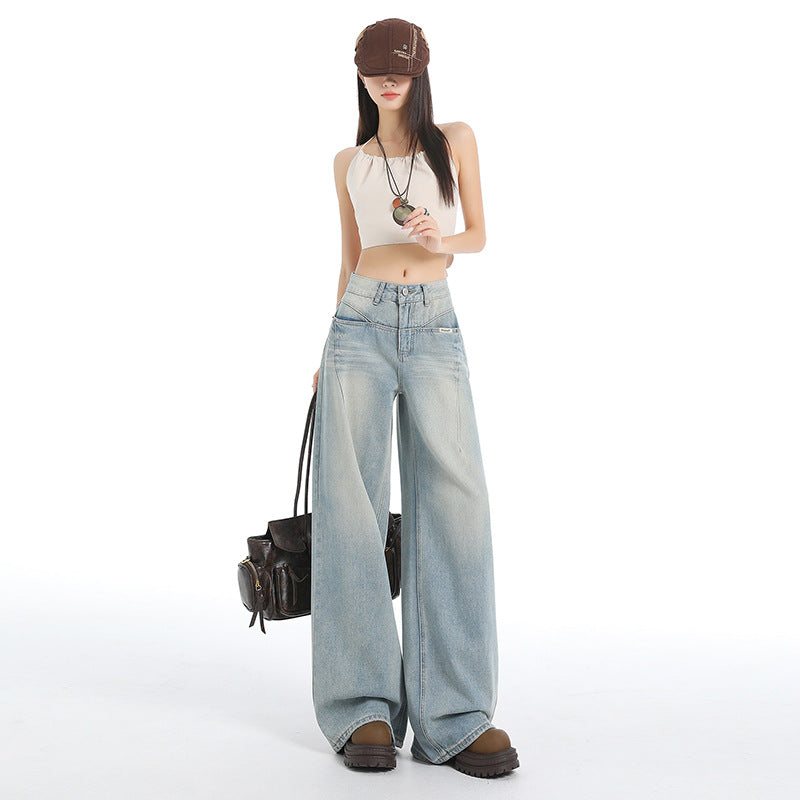 High Street Design Light Blue Wide Leg Jeans for Women - Retro Straight Loose Drape Pants