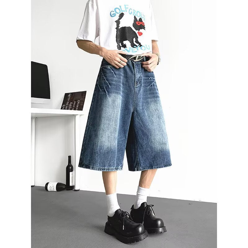 Lightning Pattern Seven Quarter Denim Loose Shorts with Wide Legs