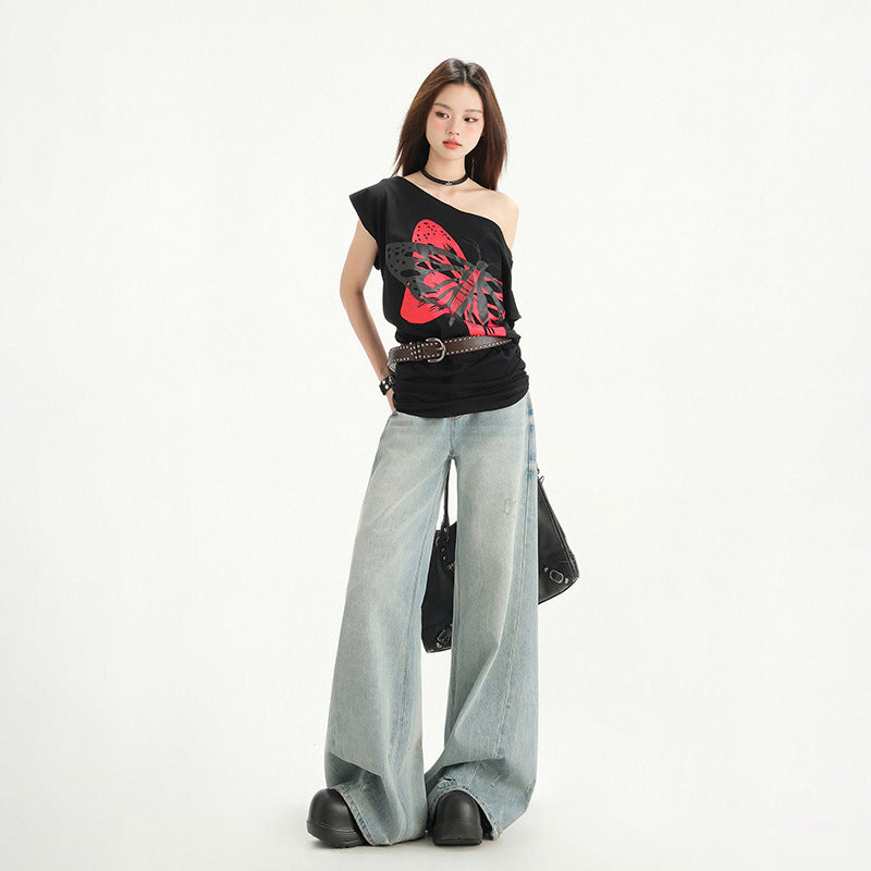 Light Blue Washed Wide-Leg Floor-Length Pants - High Street Loose Fit