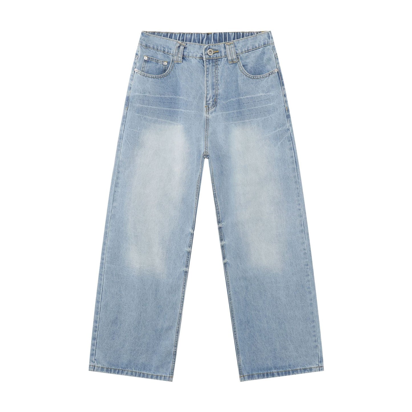 American Basic Versatile Retro Washed Semi-Elastic Waist Loose Wide-Leg Jeans