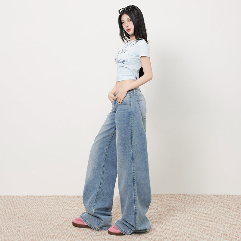 Women's Low-Waist Elastic Pattern Straight Jeans - Summer Light Color Wide-Leg Pants