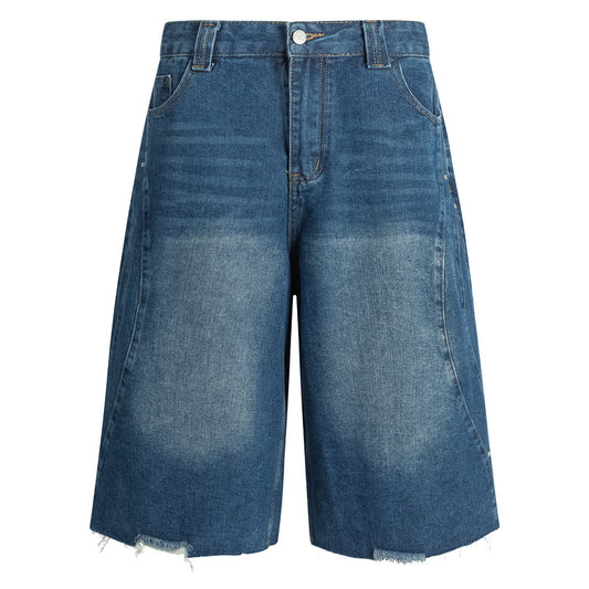 Vintage Washed Denim Shorts for Men - Loose Straight Leg Casual Pants
