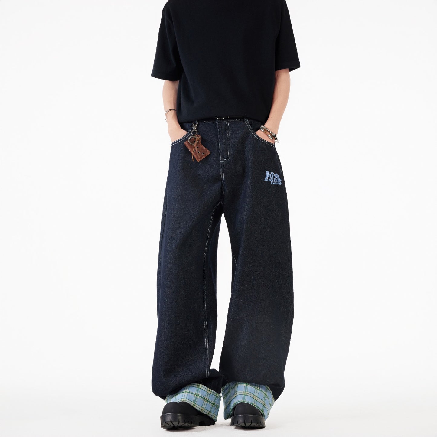 Grid Splicing Rolled Edge Jeans - Straight Leg Loose Pants