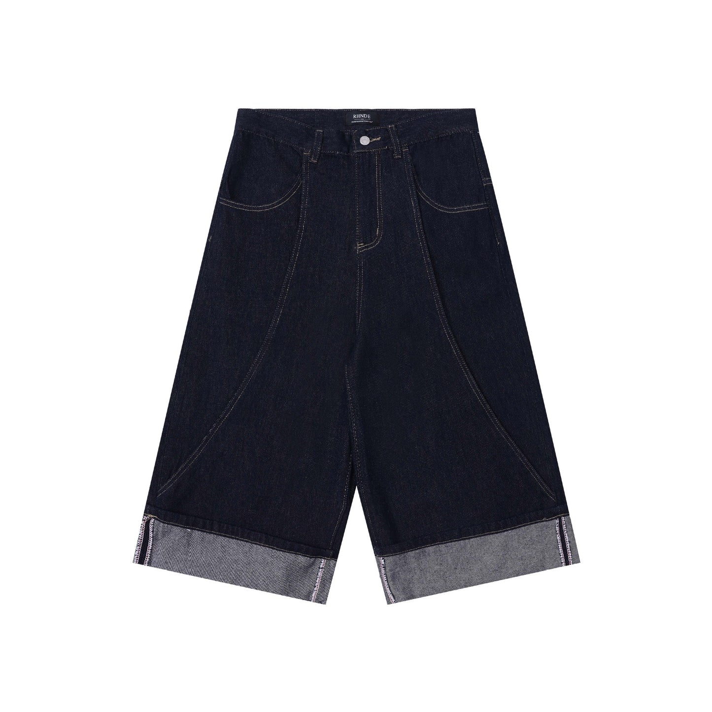 Street Style Spliced Hem Denim Shorts - Unisex Loose Fit