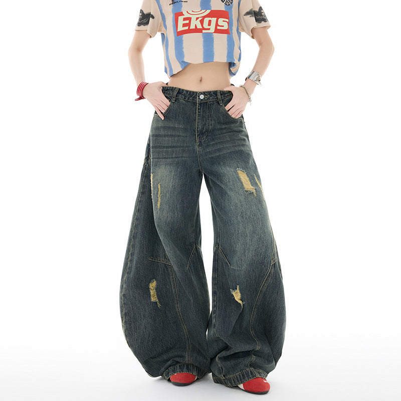 Retro Distressed Slash Jeans for Women - Casual Wide Leg Denim Pants