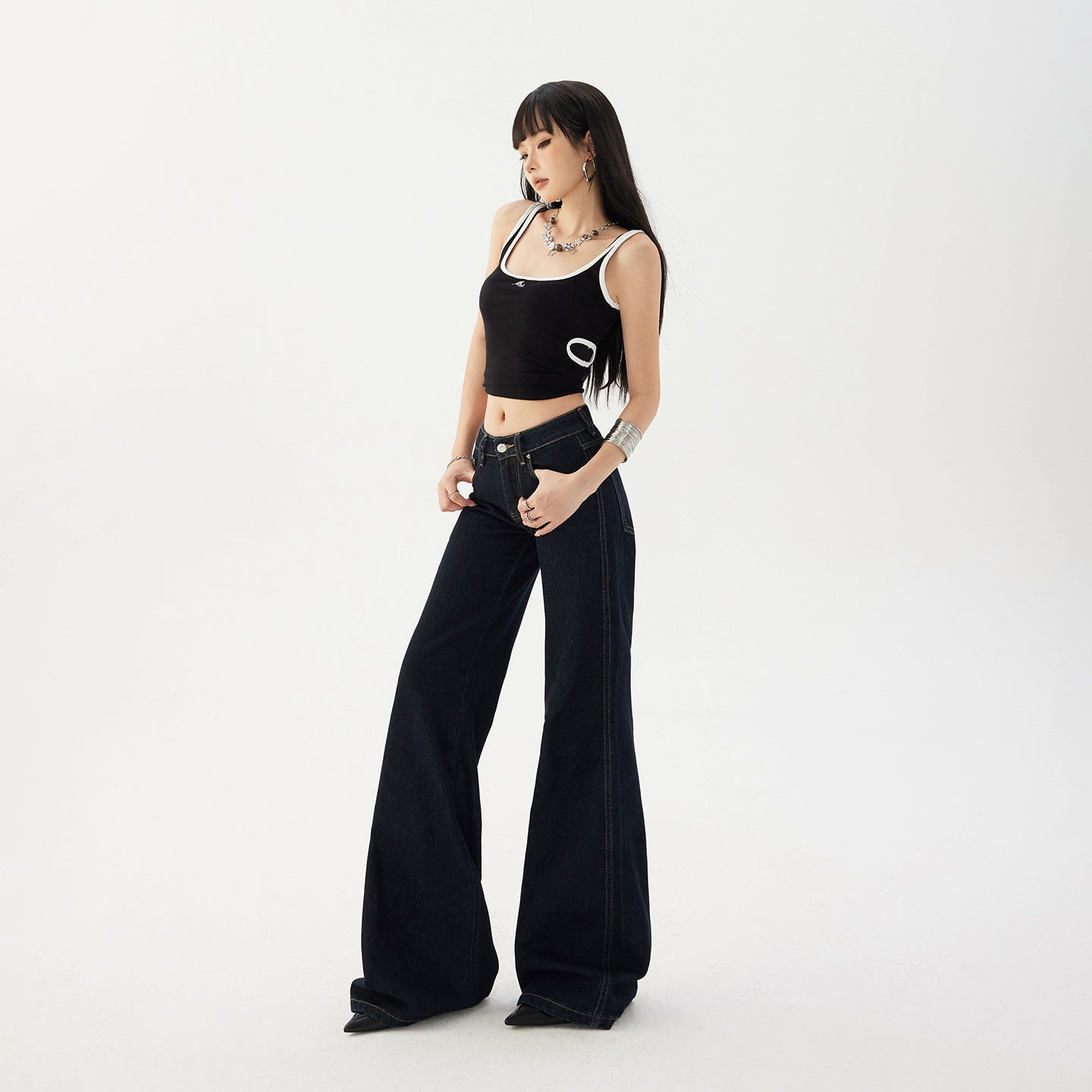 Women's Flared Denim Pants - Deep Blue Slimming Drape Casual Hoof Bell-Bottom Trousers