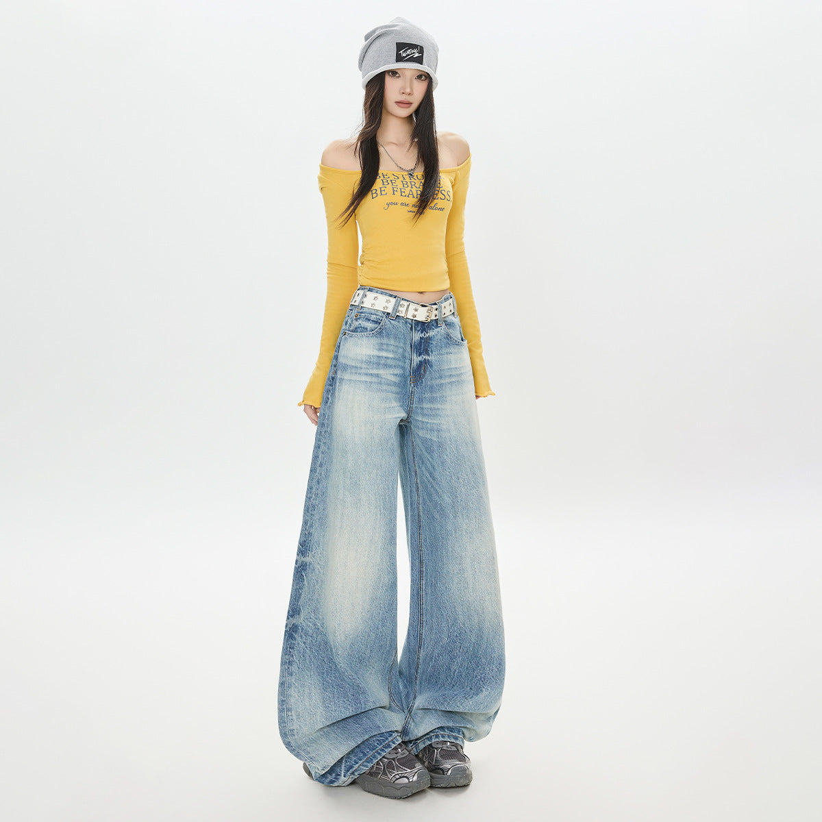 Washed Denim Pants for Women - Loose Fit, High Waist, Pleated Design