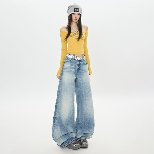 Washed Denim Pants for Women - Loose Fit, High Waist, Pleated Design