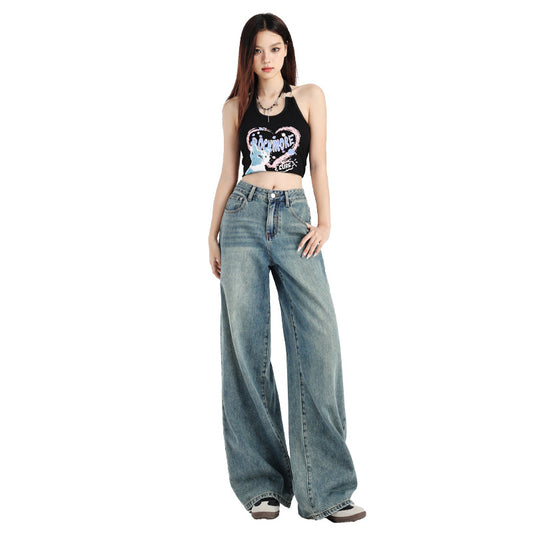 Women's Denim Pants - Straight Loose Drape Floor-Length Wide-Leg Pants