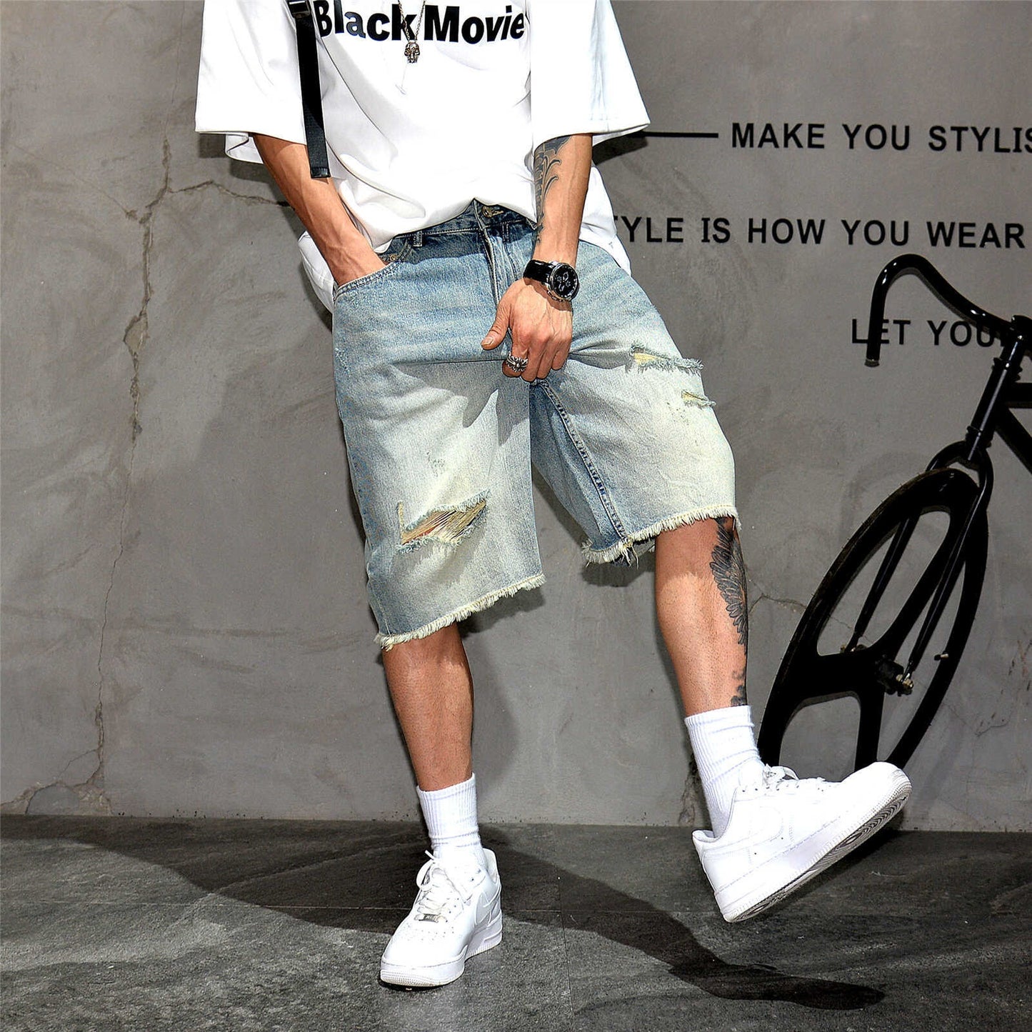 Loose Straight Leg Fringed Five Point Casual Pants