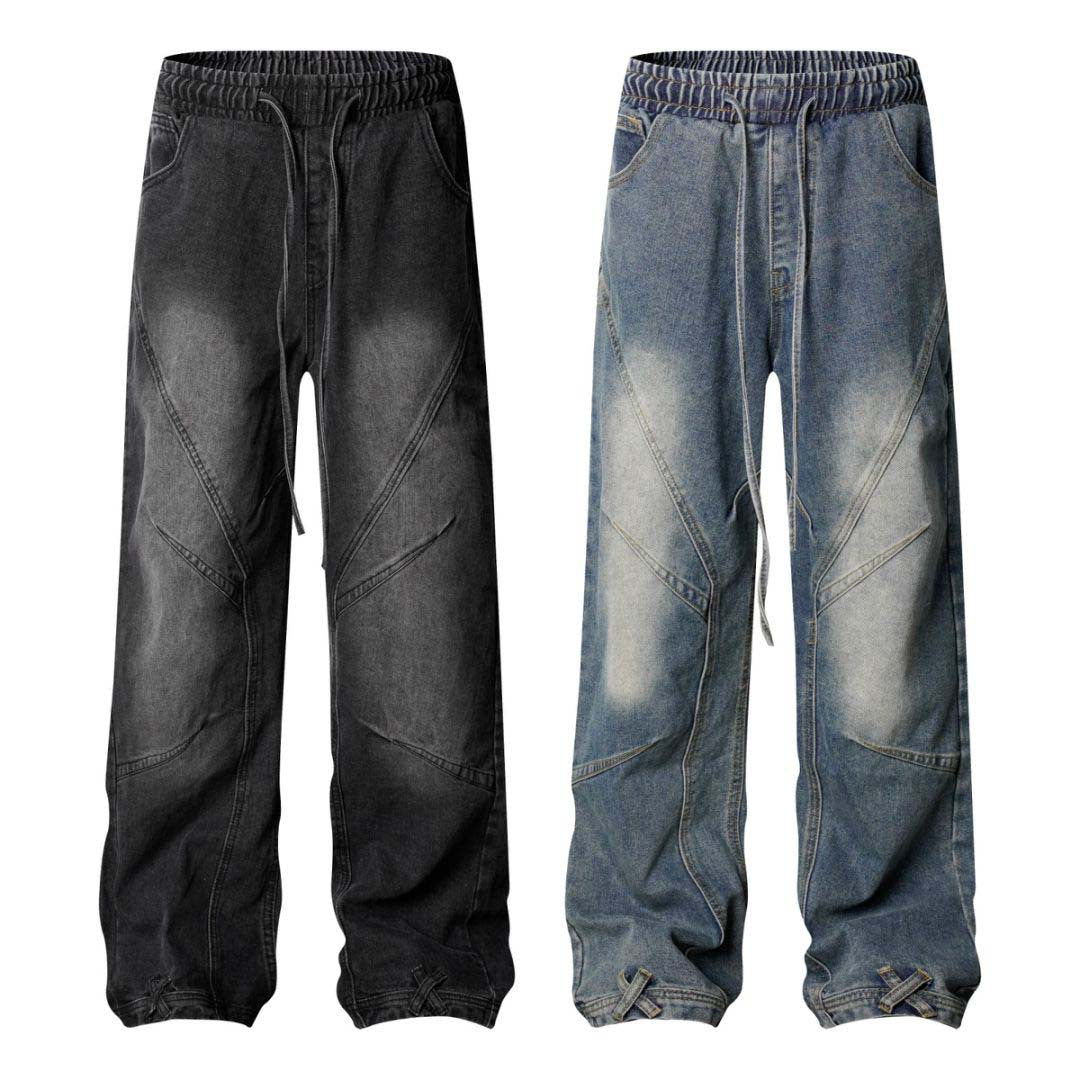 High Street Washed Distressed Pleated Reverse Denim Pants - Unisex Loose Wide Leg Straight Trousers