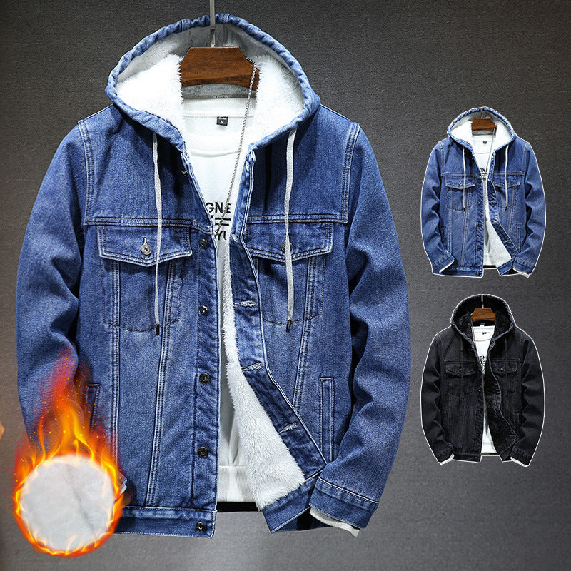 Warm Thick Men's Cotton Coat Winter Faux Shearling Hooded Quilted Denim Jacket