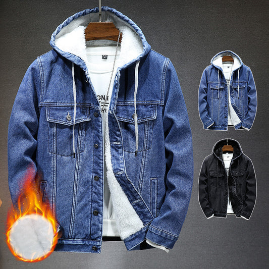Warm Thick Men's Cotton Coat Winter Faux Shearling Hooded Quilted Denim Jacket