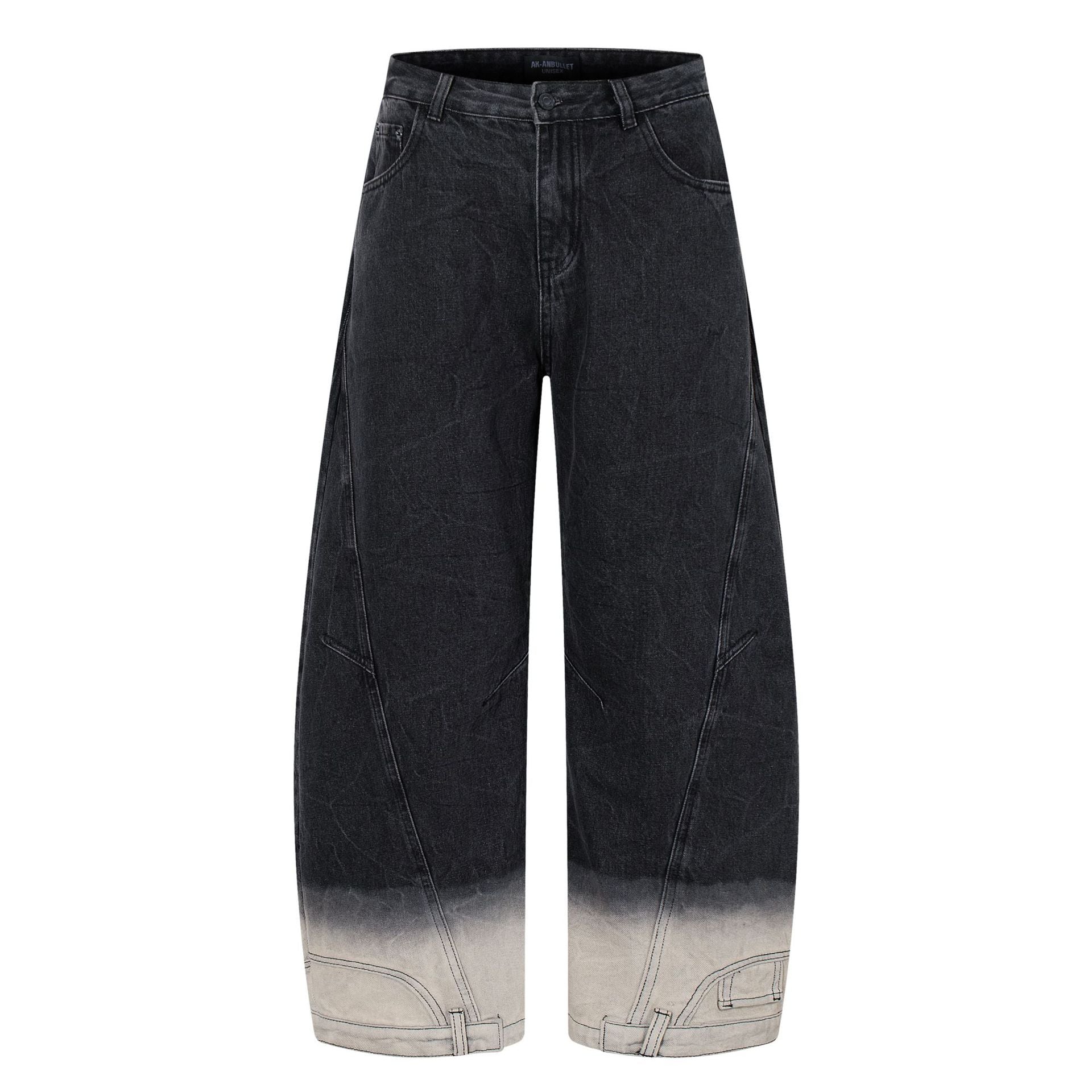 Hanging Dye Washed Gradient Color Jeans with Curved Blade Wide Leg Pants