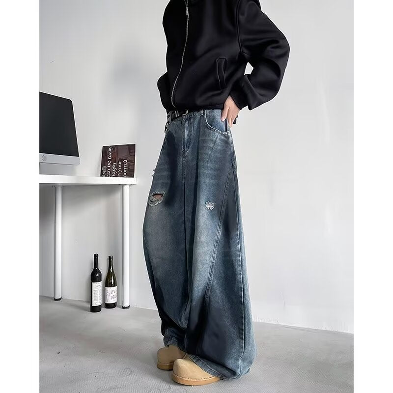 Broken Hole Curved Knife Cowboy Men's Loose Denim Pants