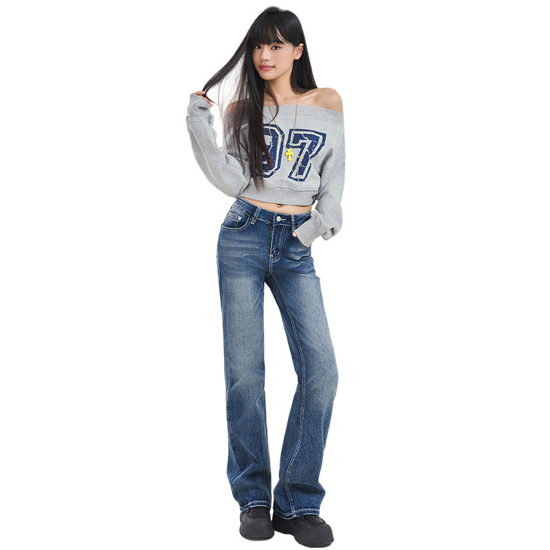 Women's Wide-Leg Denim Trousers with Fringe Craft - Low Waist Slim Floor-Length Pants