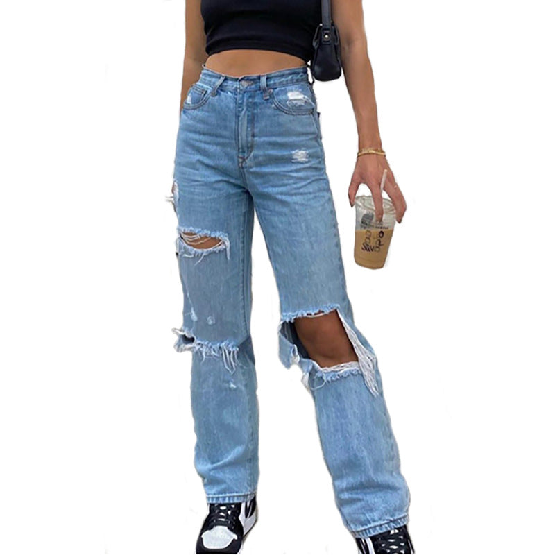 High Waist Straight Women's Ripped Jeans - Blue Denim Fashion Trousers