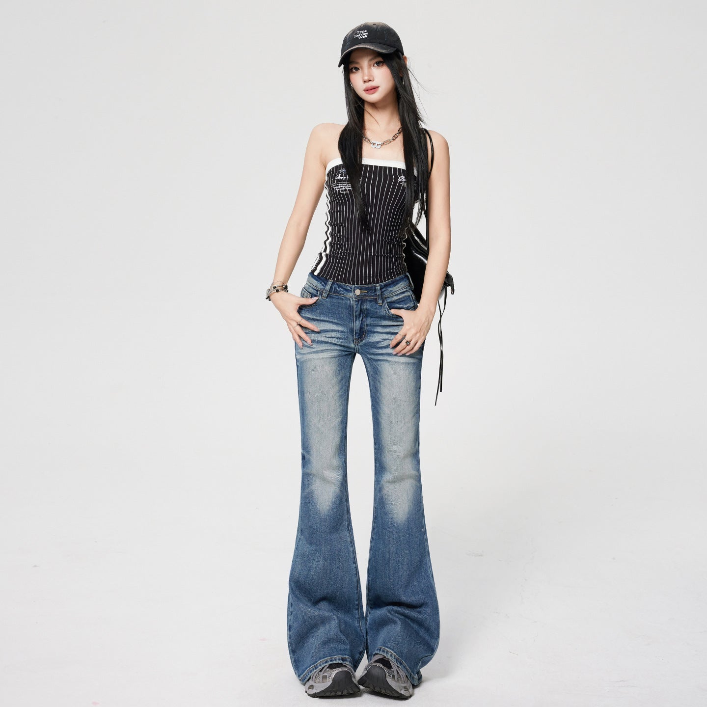 Retro Flared Jeans Women Low Waist Elastic Slim Fit Frayed Bell Bottoms