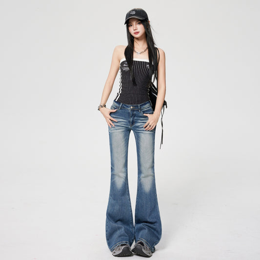 Retro Flared Jeans Women Low Waist Elastic Slim Fit Frayed Bell Bottoms