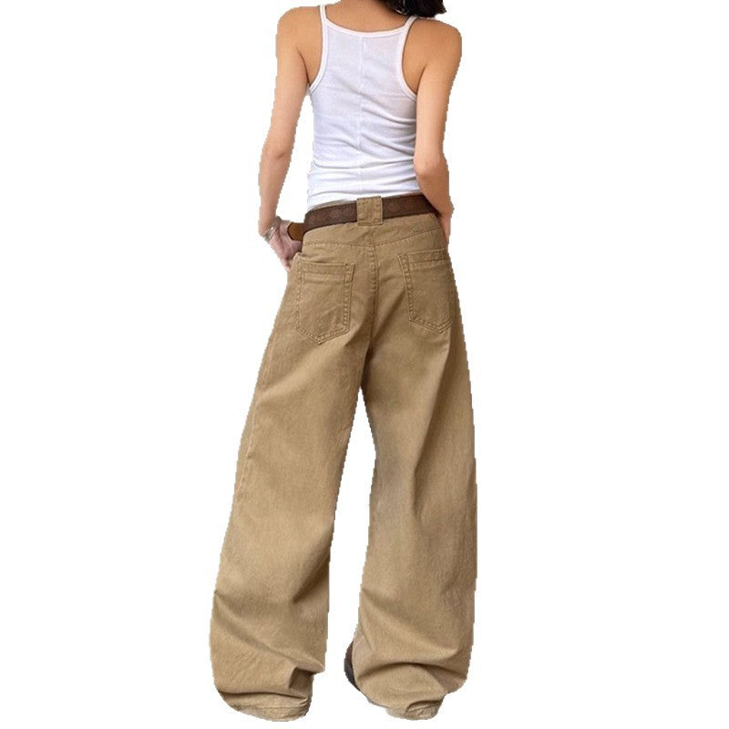 Spliced Wide-Leg Jeans with Vintage Design and Water-Washed Cutting for Women