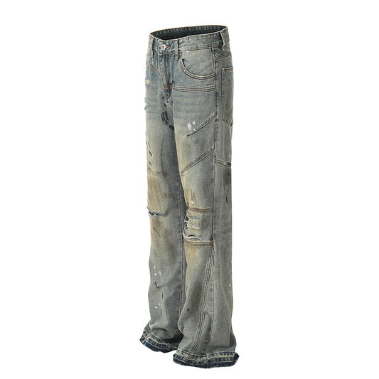 Mud Dyed Micro Flared Spliced Jeans - Distressed Denim with Unique Style