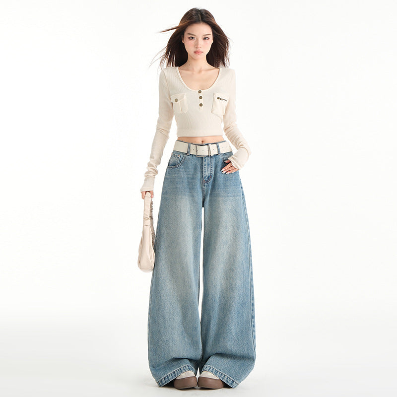 Vintage Blue Wide-Leg High-Waist Jeans for Women