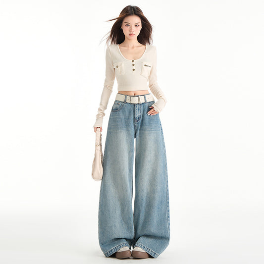 Vintage Blue Wide-Leg High-Waist Jeans for Women