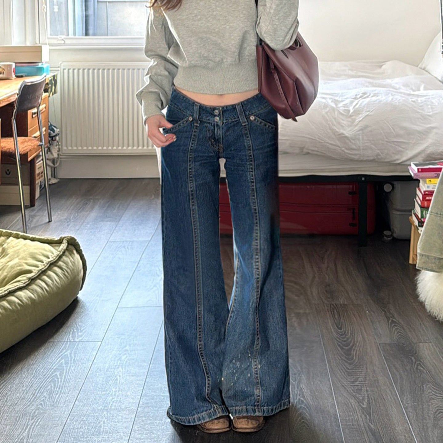 Denim Pants Loose Wide Leg Slimming Design Low Waist Flared Long Pants for Women