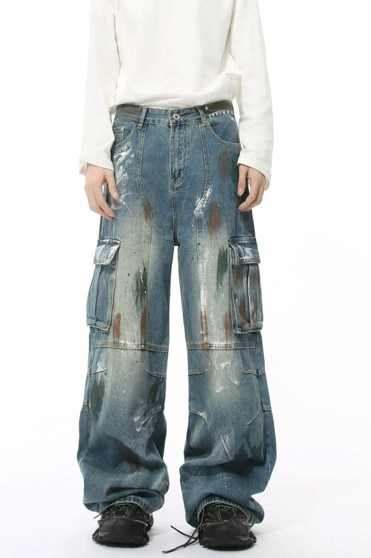 Waste Soil Style Jeans with Cargo Pockets